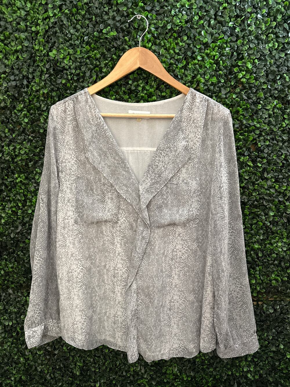 Calvin Klein, Gray Snake Print Blouse, V Neck Women’s Size L